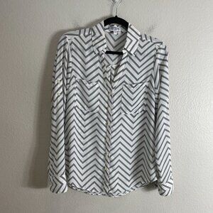 Express Portofino Shirt Womens Small White Gray Slim Button Up Roll Tab Sleeve